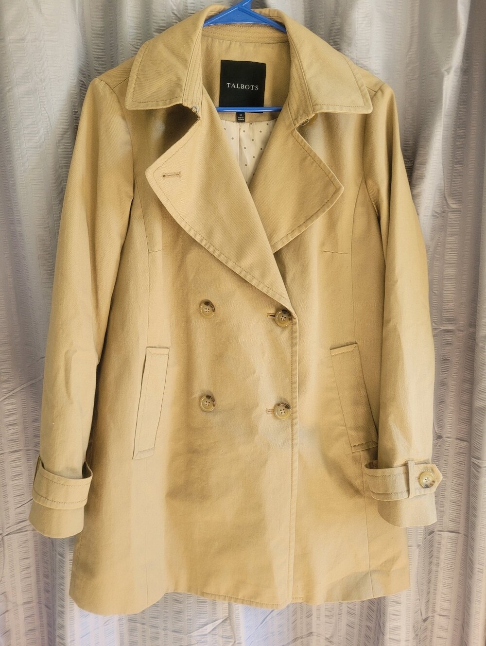 Talbots Trench Coat Double Breasted Tan Khaki Cotton Twill Short Medium